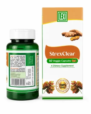 Lexi StrexClear bottle and carton displayed together, showing the bottle information panel and the carton front with 60 veggie capsules.
