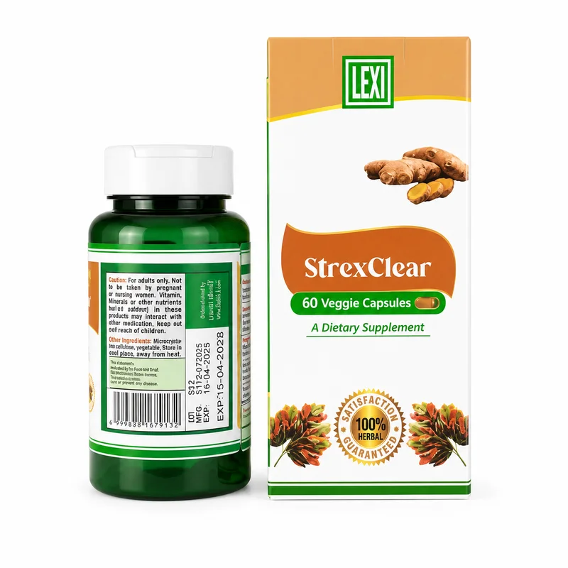 Lexi Strexclear — Relaxation &Amp; Mood Balance Support — 60 Veggie Capsules - Recs-Medix Lexi strexclear bottle and carton displayed together, showing the bottle information panel and the carton front with 60 veggie capsules.