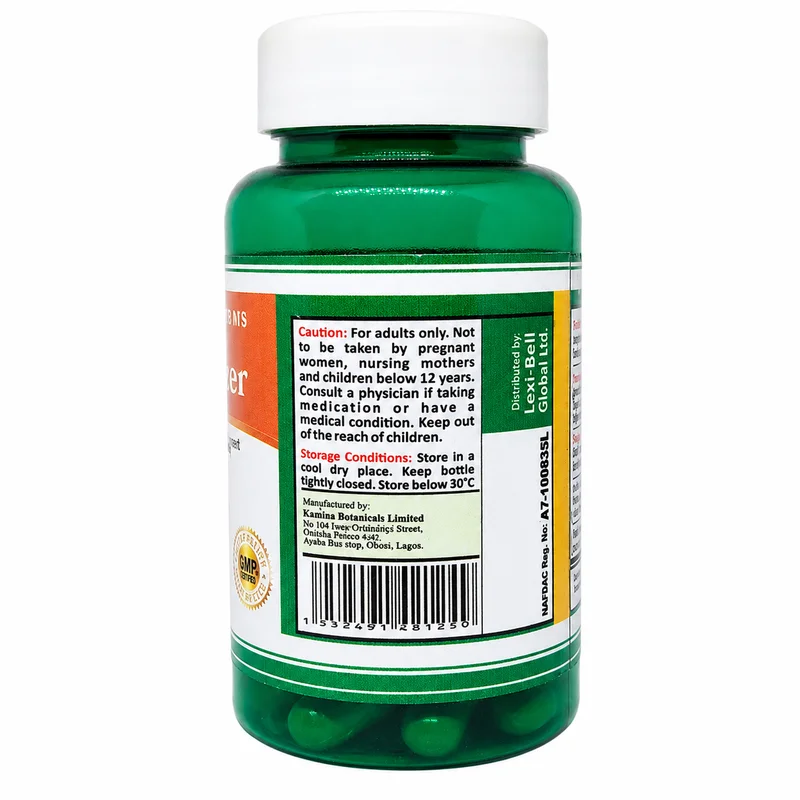 Lexi Strexclear — Relaxation &Amp; Mood Balance Support — 60 Veggie Capsules - Recs-Medix Lexi strexclear bottle side showing the caution, storage instructions, manufacturer details, barcode and nafdac number a7-100835l.