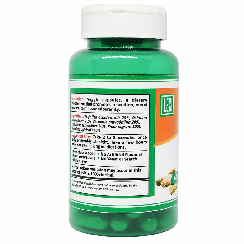 Lexi Strexclear — Relaxation &Amp; Mood Balance Support — 60 Veggie Capsules - Recs-Medix Lexi strexclear bottle label showing the product indication, six botanical ingredients, suggested use and free-from statements.
