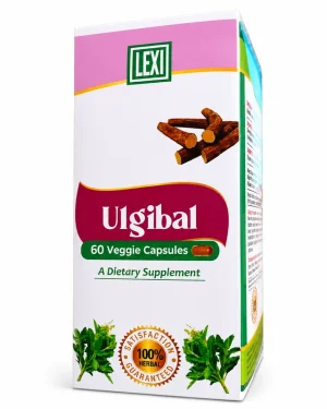 Lexi Ulgibal 60 veggie capsules carton showing the front packaging of the herbal supplement for digestive system support.