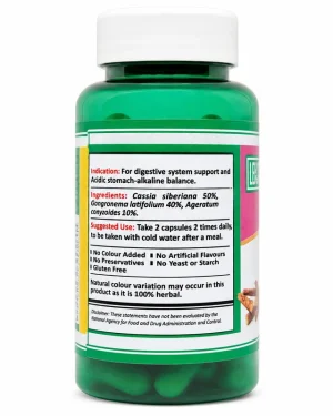 Lexi Ulgibal bottle showing the botanical ingredients, digestive support indication and suggested directions for use.