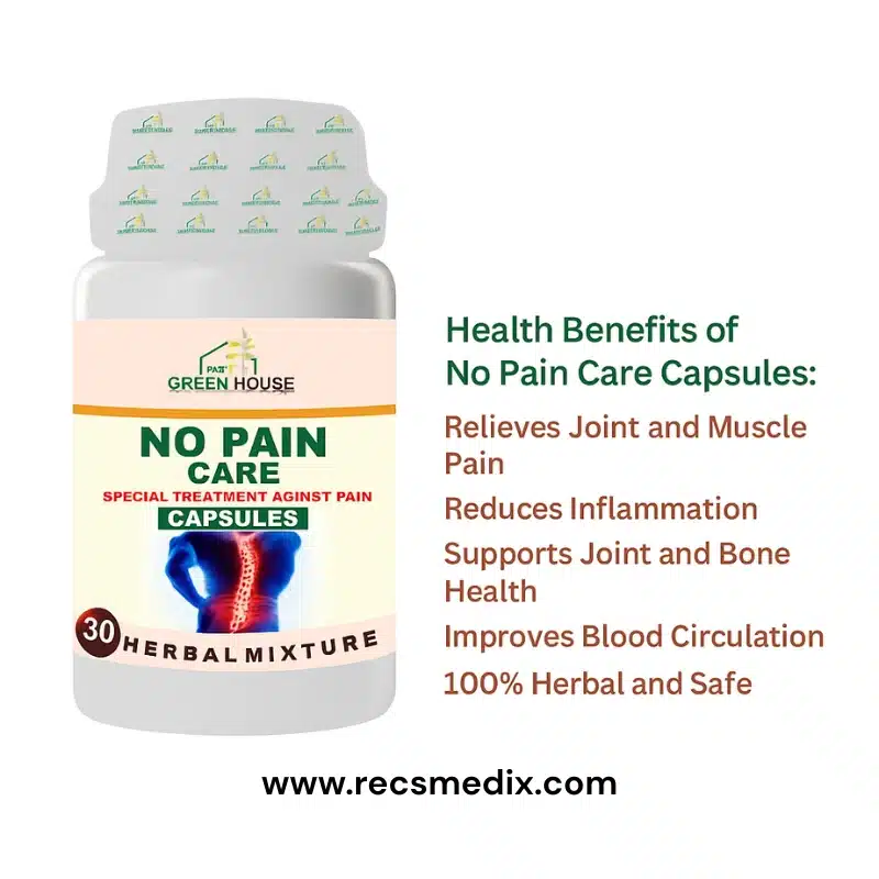 Greenhouse No Pain Care – Joint &Amp; Muscle Support – 30 Capsules - Recs-Medix No pain care capsules - herbal relief for joint and muscle pain