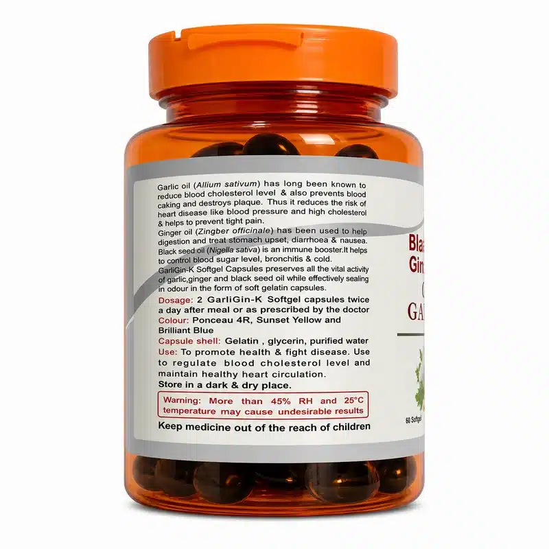 Edible Herbs Garligin-K — Black Seed Oil With Garlic &Amp; Ginger Oil — Immune &Amp; Heart Support — 60 Softgels - Recs-Medix Garligin-k back label showing nafdac registration number a7-01565
