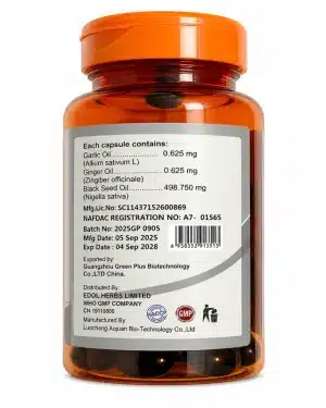 Garligin-K supplement facts label showing black seed oil garlic oil and ginger oil