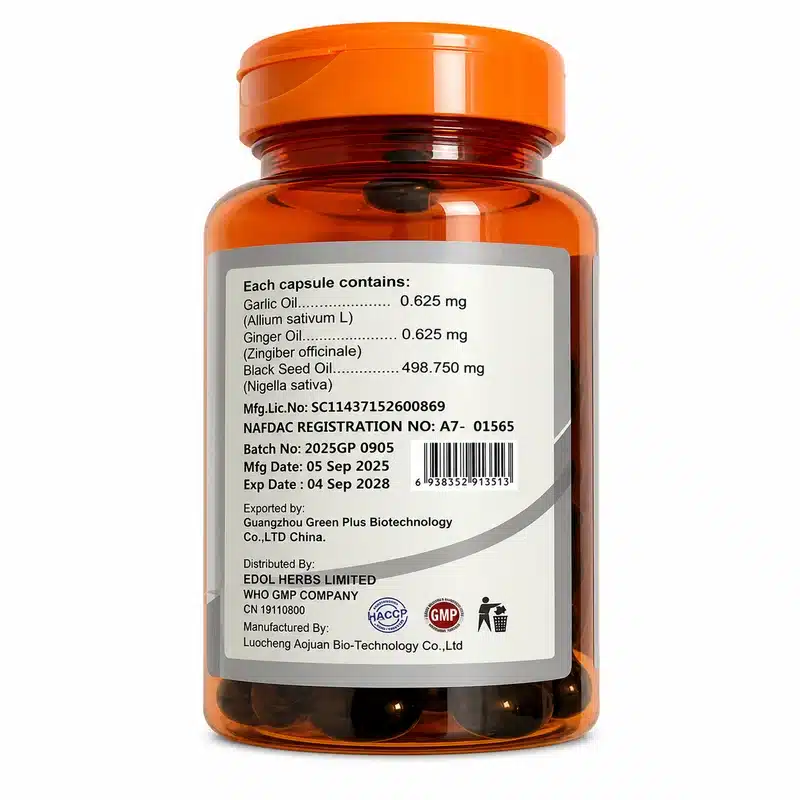 Edible Herbs Garligin-K — Black Seed Oil With Garlic &Amp; Ginger Oil — Immune &Amp; Heart Support — 60 Softgels - Recs-Medix Garligin-k supplement facts label showing black seed oil garlic oil and ginger oil