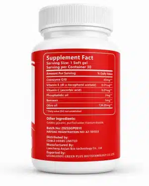 Ediherb Coenzyme Q10 supplement facts label showing 45mg CoQ10 and 136.95mg olive oil