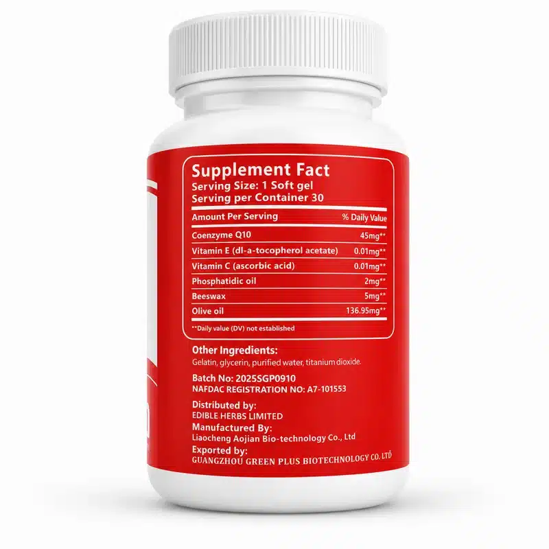 Ediherb Coenzyme Q10 – Heart &Amp; Energy Support – 45Mg – 30 Soft Gels - Recs-Medix Ediherb coenzyme q10 supplement facts label showing 45mg coq10 and 136. 95mg olive oil