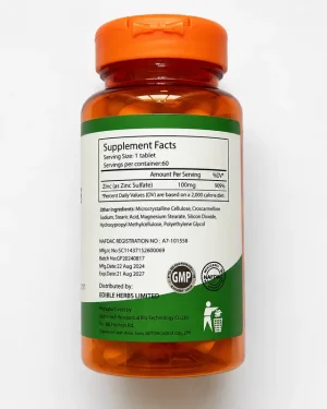 Ediherb Zinc 100mg supplement facts label showing zinc sulfate 100mg and NAFDAC registration