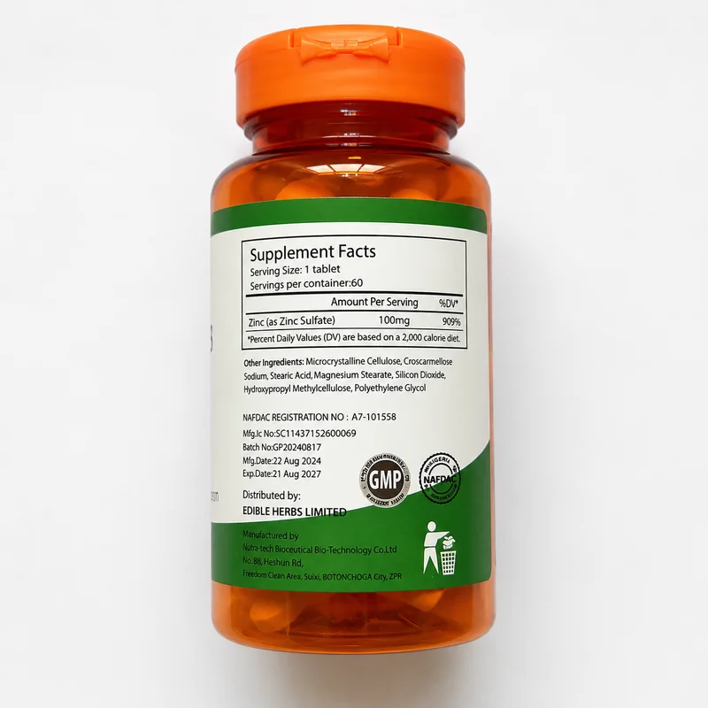 Ediherb Zinc – Immune &Amp; Prostate Support Supplement – 100Mg – 60 Tablets - Recs-Medix Ediherb zinc 100mg supplement facts label showing zinc sulfate 100mg and nafdac registration