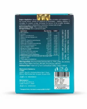 Back of Xenoprost Active 20-capsule carton showing beta-sitosterol, lycopene, dosage, manufacturer and batch details