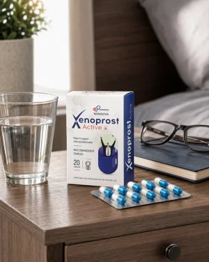Xenoprost Active 20-capsule carton and blister beside water and glasses in a calm bedside wellness routine
