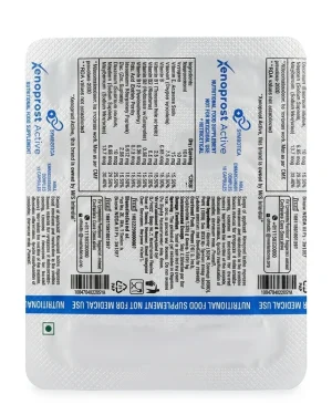 Xenoprost Active blister foil showing the capsule pack, supplement facts, dosage guidance and manufacturer information