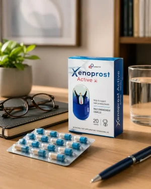 Xenoprost Active carton and capsule blister beside water, glasses and a notebook in a men’s daily wellness setting