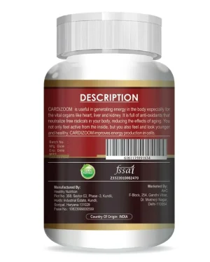 CardiZoom back-label description panel with FSSAI licence, 100% natural mark and country of origin India for the heart support supplement.