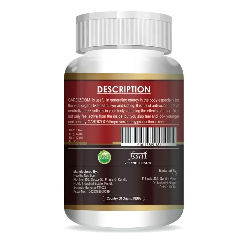 Anc Cardizoom – Heart &Amp; Circulation Support – 60 Capsules - Recs-Medix Cardizoom back-label description panel with fssai licence, 100% natural mark and country of origin india for the heart support supplement.