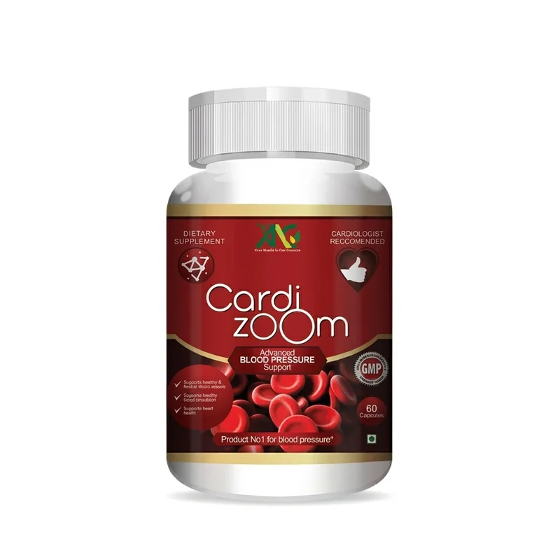 Anc Cardizoom – Heart &Amp; Circulation Support – 60 Capsules - Recs-Medix Cardizoom advanced blood pressure support, red bottle with blood-cell graphic, 60-capsule herbal heart and circulation supplement, front label.