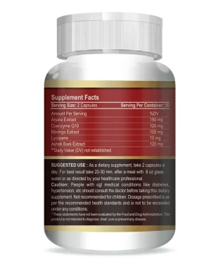 CardiZoom supplement facts panel showing Arjuna, Coenzyme Q10, Moringa, Lycopene and Ashok bark extract amounts per two-capsule serving.