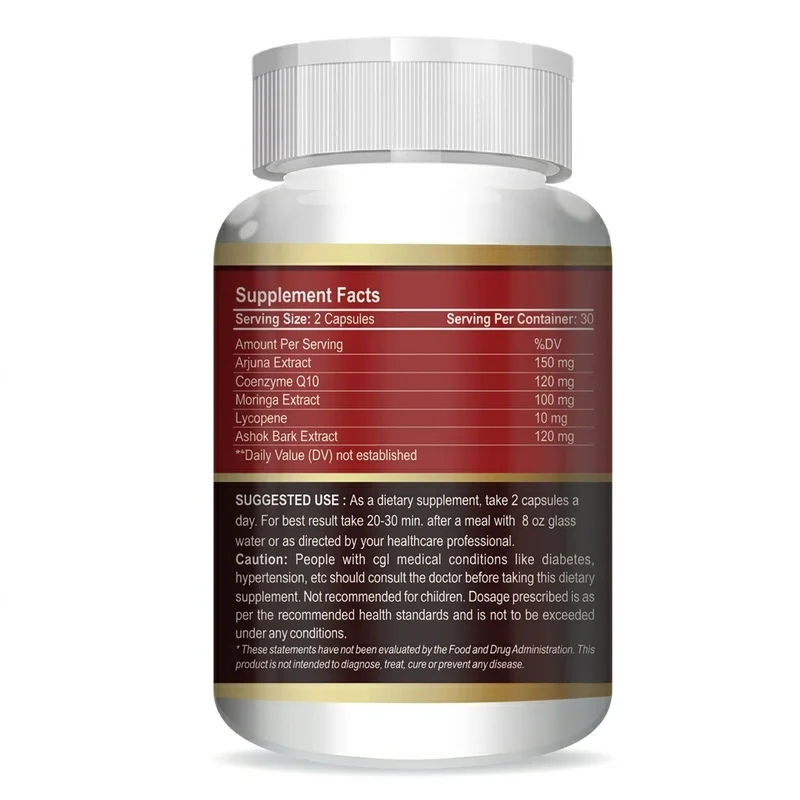 Anc Cardizoom – Heart &Amp; Circulation Support – 60 Capsules - Recs-Medix Cardizoom supplement facts panel showing arjuna, coenzyme q10, moringa, lycopene and ashok bark extract amounts per two-capsule serving.