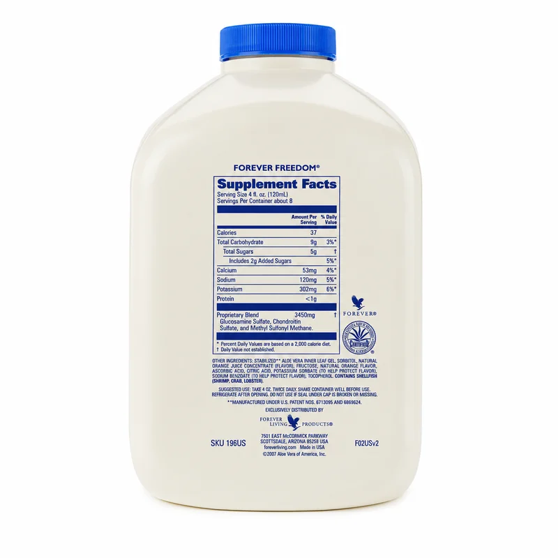 Forever Freedom Aloe Vera Joint Support Drink – 1 Litre - Recs-Medix Forever freedom supplement facts label with glucosamine chondroitin and msm