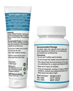 Janis Boniac 1000X cream and Boscure capsules rear labels showing recommended dosage, safety warnings, batch number and expiry date.