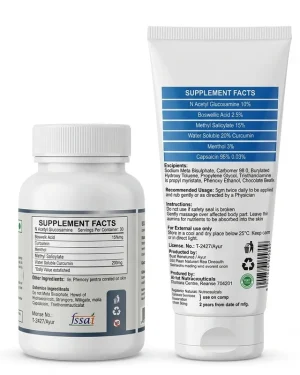 Rear view of Janis Boscure and Boniac 1000X showing supplement facts, cream ingredients and usage directions for the joint support combo.