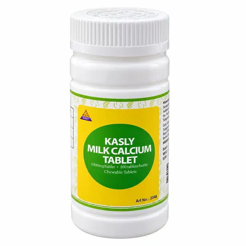 Kasly Milk Calcium Tablet – Bone &Amp; Teeth Support – 100 Chewable Tablets - Recs-Medix Kasly milk calcium tablet white bottle with a green and yellow front label showing 100 chewable tablets.