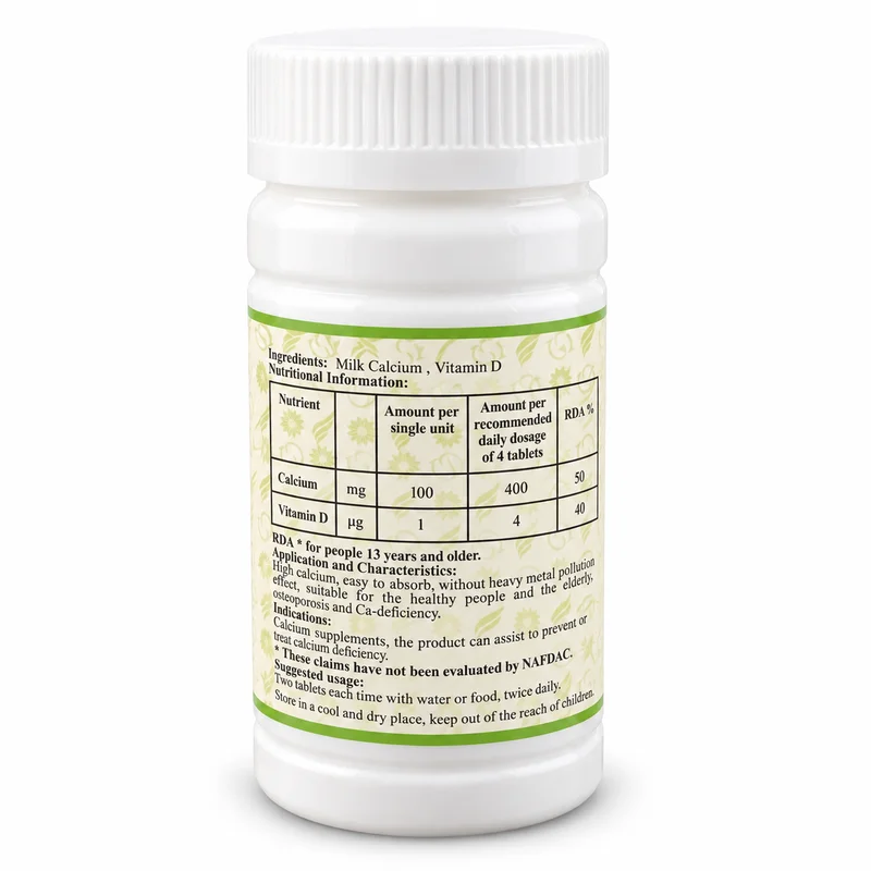 Kasly Milk Calcium Tablet – Bone &Amp; Teeth Support – 100 Chewable Tablets - Recs-Medix Kasly milk calcium tablet side label showing calcium and vitamin d amounts, suggested usage and storage instructions.