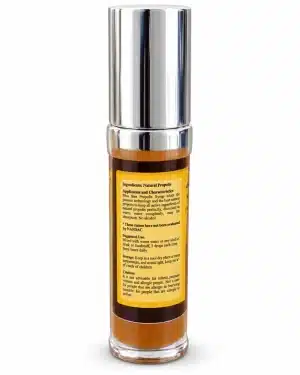Side panel of Kasly Miss Bee Propolis Syrup listing Natural Propolis as the ingredient, suggested use of 5 drops three times daily, storage instructions and caution text.