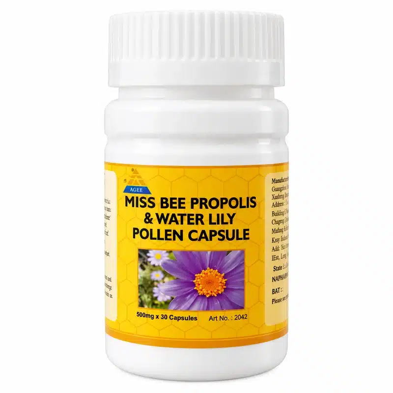 Kasly Miss Bee Propolis &Amp; Water Lily Pollen Capsule – Bee Propolis &Amp; Pollen Supplement – 500Mg – 30 Capsules - Recs-Medix Kasly miss bee propolis & water lily pollen capsule front label, white bottle with gold honeycomb design, 500mg × 30 capsules, art no. 2042.