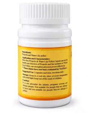 ide label of Kasly Miss Bee Propolis & Water Lily Pollen Capsule showing ingredients, suggested use of 3 capsules twice daily, storage instructions, and caution statements.