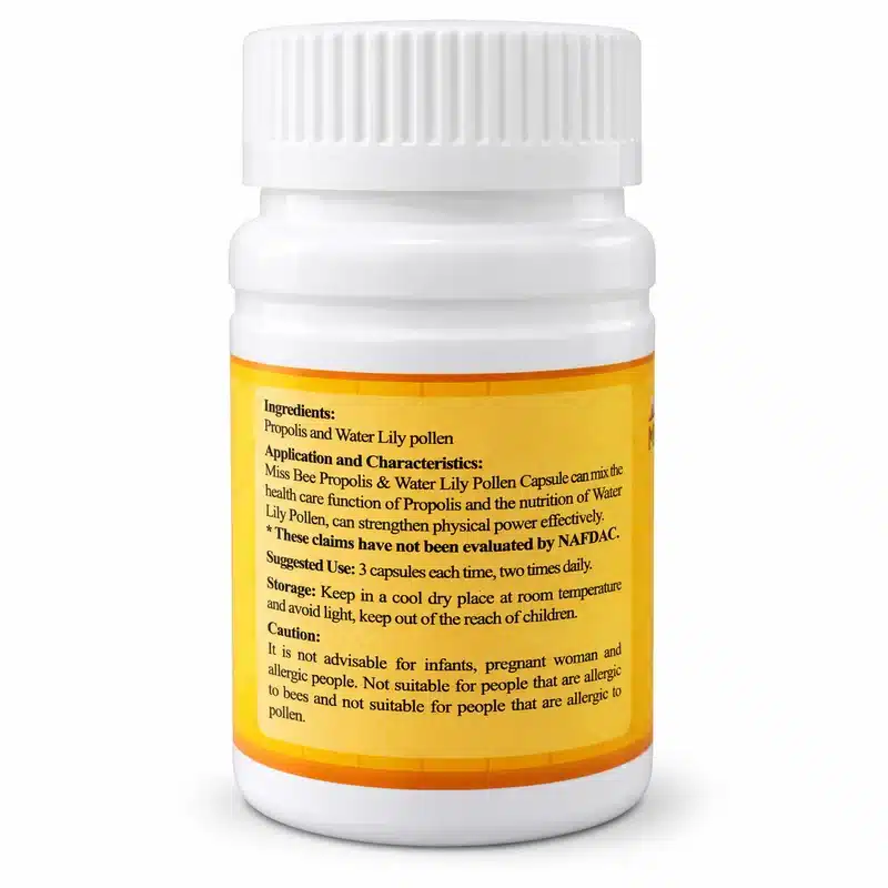 Kasly Miss Bee Propolis &Amp; Water Lily Pollen Capsule – Bee Propolis &Amp; Pollen Supplement – 500Mg – 30 Capsules - Recs-Medix Ide label of kasly miss bee propolis & water lily pollen capsule showing ingredients, suggested use of 3 capsules twice daily, storage instructions, and caution statements.