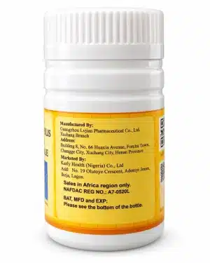 Back label of Kasly Miss Bee Propolis & Water Lily Pollen Capsule showing NAFDAC REG NO. A7-0520L, manufacturer Guangzhou Lvjian Pharmaceutical, and Nigerian distributor details.