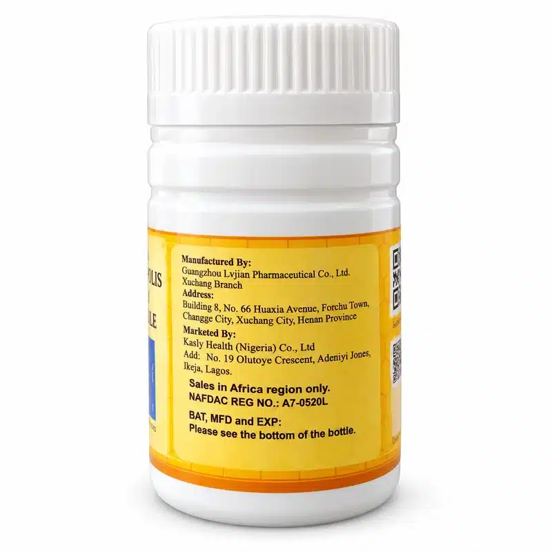 Kasly Miss Bee Propolis &Amp; Water Lily Pollen Capsule – Bee Propolis &Amp; Pollen Supplement – 500Mg – 30 Capsules - Recs-Medix Back label of kasly miss bee propolis & water lily pollen capsule showing nafdac reg no. A7-0520l, manufacturer guangzhou lvjian pharmaceutical, and nigerian distributor details.