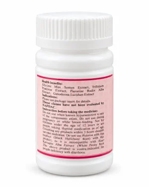 Side label of Kasly Phytoestrogen Tablet listing Glycine Max Semen, Trifolium Pratense, Paeoniae Radix Alba and Ganoderma Lucidum extracts with pre-use instructions.