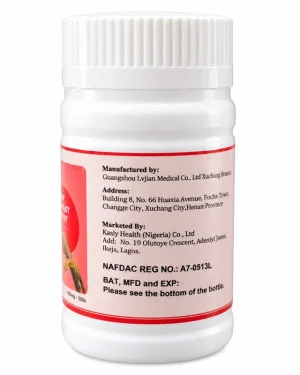 Back label of Kasly Red Yeast Tablet showing NAFDAC registration number A7-0513L, the Henan manufacturer address and the Ikeja, Lagos marketer address.