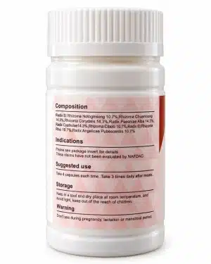 Kasly Tongbi Capsule back label showing eight-herb composition, suggested use of 4 capsules three times daily after meals, storage instructions, and pregnancy warning.