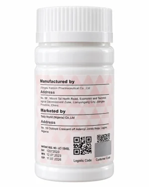Kasly Tongbi Capsule side label showing NAFDAC Reg. No. A7-1849L, manufacturer Jiangsu Kanion Pharmaceutical, and Tasly World Nigeria marketing information.