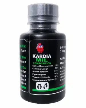 Milnapath Kardiamil side label showing the six-botanical composition with ingredient names and percentage proportions.