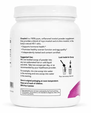 Theralogix Ovasitol side panel showing suggested use to mix one scoop into liquid and take two scoops daily for hormone support.
