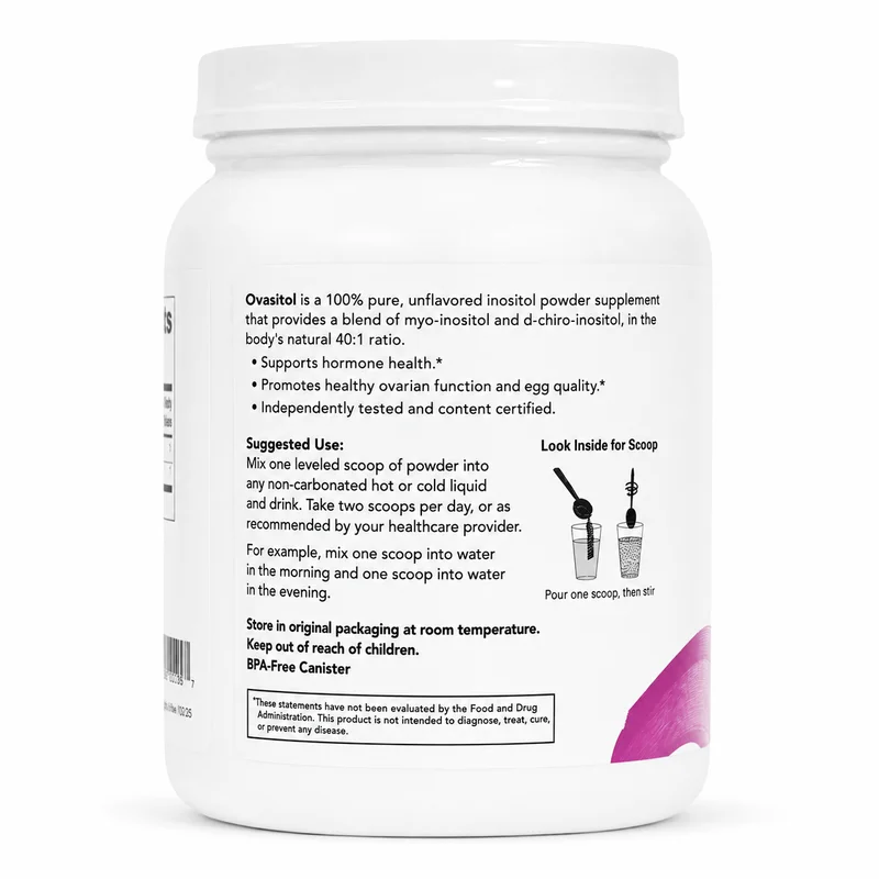Theralogix Ovasitol Inositol Powder – Fertility Support – 40:1 Blend – 400G, 180 Servings - Recs-Medix Theralogix ovasitol side panel showing suggested use to mix one scoop into liquid and take two scoops daily for hormone support.