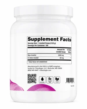 Back label of Theralogix Ovasitol showing 2000mg myo-inositol and 50mg D-chiro-inositol per leveled scoop serving.