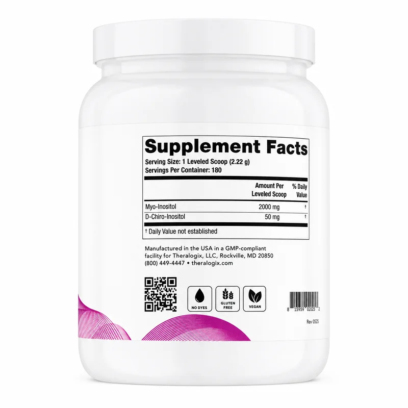 Theralogix Ovasitol Inositol Powder – Fertility Support – 40:1 Blend – 400G, 180 Servings - Recs-Medix Back label of theralogix ovasitol showing 2000mg myo-inositol and 50mg d-chiro-inositol per leveled scoop serving.