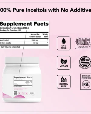 Theralogix Ovasitol Supplement Facts panel with dye-free, vegan, gluten-free, GMP and NSF certification badges for pure inositol powder.