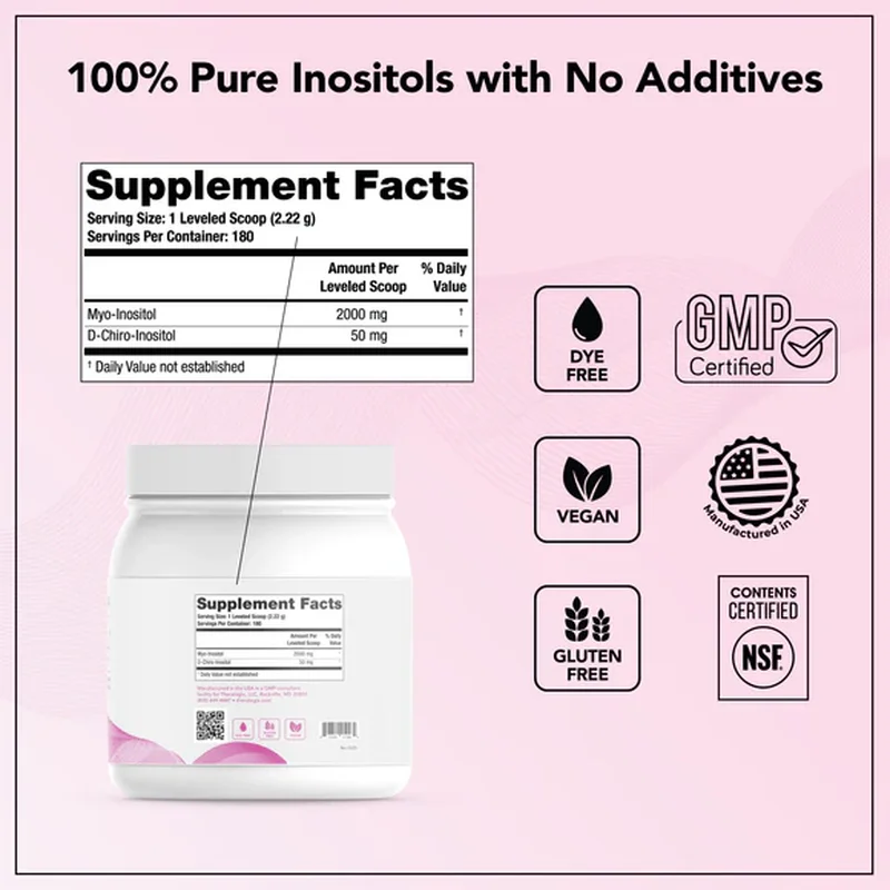 Theralogix Ovasitol Inositol Powder – Fertility Support – 40:1 Blend – 400G, 180 Servings - Recs-Medix Theralogix ovasitol supplement facts panel with dye-free, vegan, gluten-free, gmp and nsf certification badges for pure inositol powder.