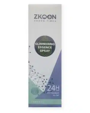 ZKOON Glimmering Essence Spray 100ml box with ZKOON Times logo, round Glimmering Essence Spray seal and 24H stay fragrant all day text
