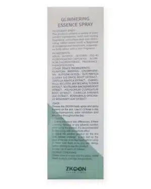 Back of the ZKOON Glimmering Essence Spray box showing the ingredients list, usage directions, attention notes and storage conditions