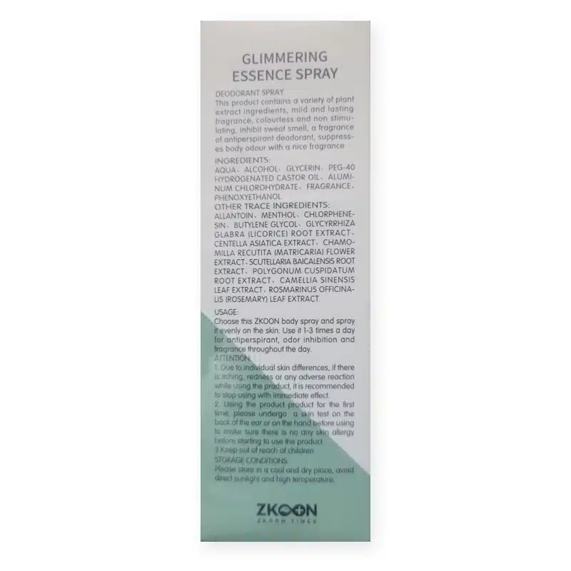 Zkoon Glimmering Essence Spray – Antiperspirant Deodorant Body Spray – 100Ml - Recs-Medix Back of the zkoon glimmering essence spray box showing the ingredients list, usage directions, attention notes and storage conditions