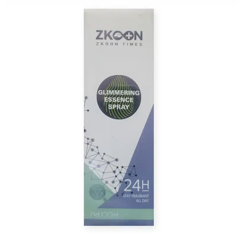 Zkoon Glimmering Essence Spray – Antiperspirant Deodorant Body Spray – 100Ml - Recs-Medix Zkoon glimmering essence spray 100ml box with zkoon times logo, round glimmering essence spray seal and 24h stay fragrant all day text