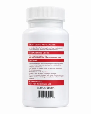 Gluco Pro supplement facts label showing 12 active ingredients including Cinnamon 200mg and Bitter Melon 80mg